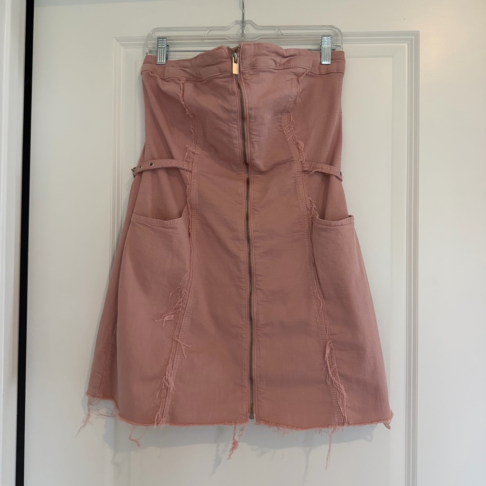 Zara Pink Distressed Denim Dress with Pockets